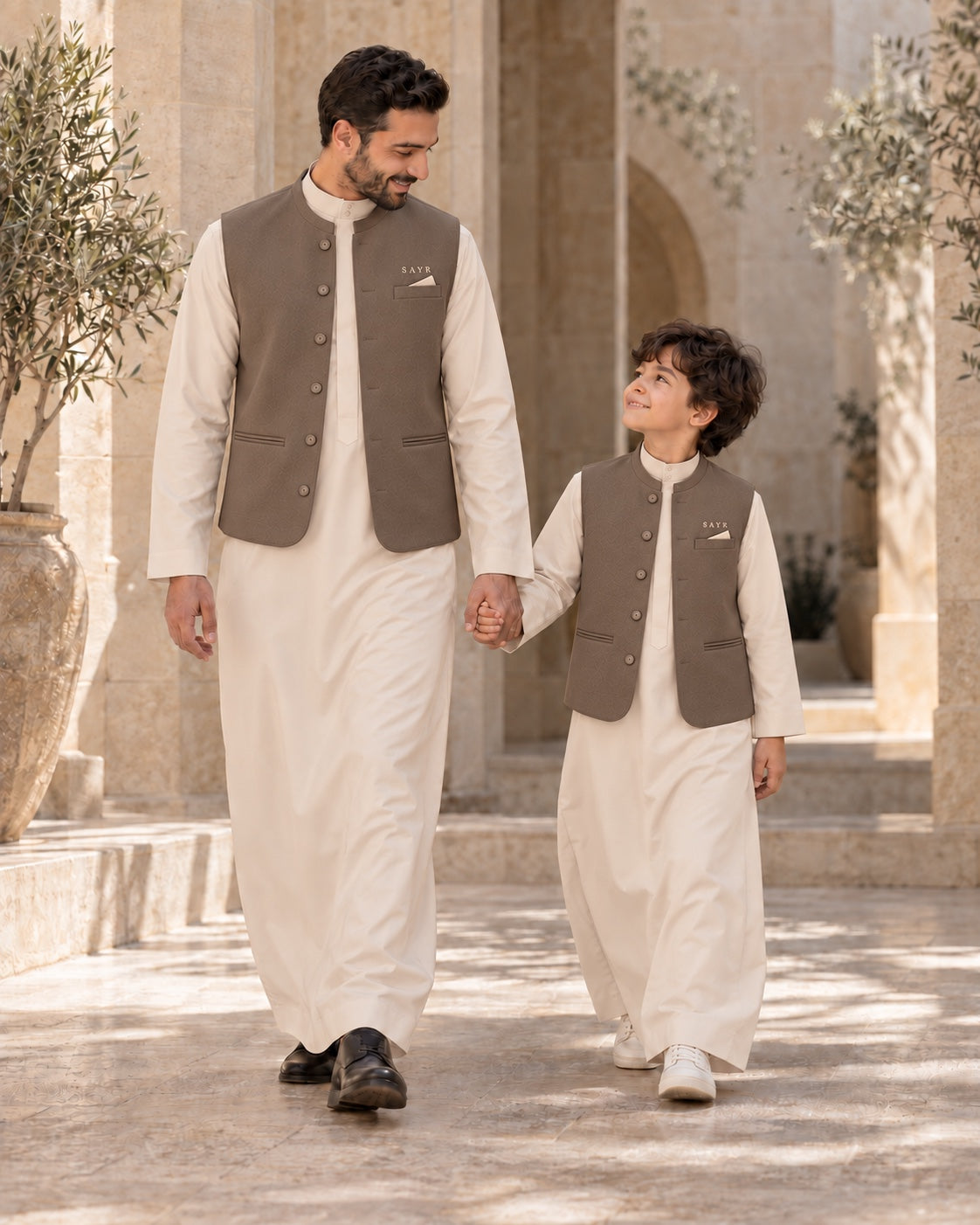 Père et fils assortis en qamis beige et gilet taupe SAYR