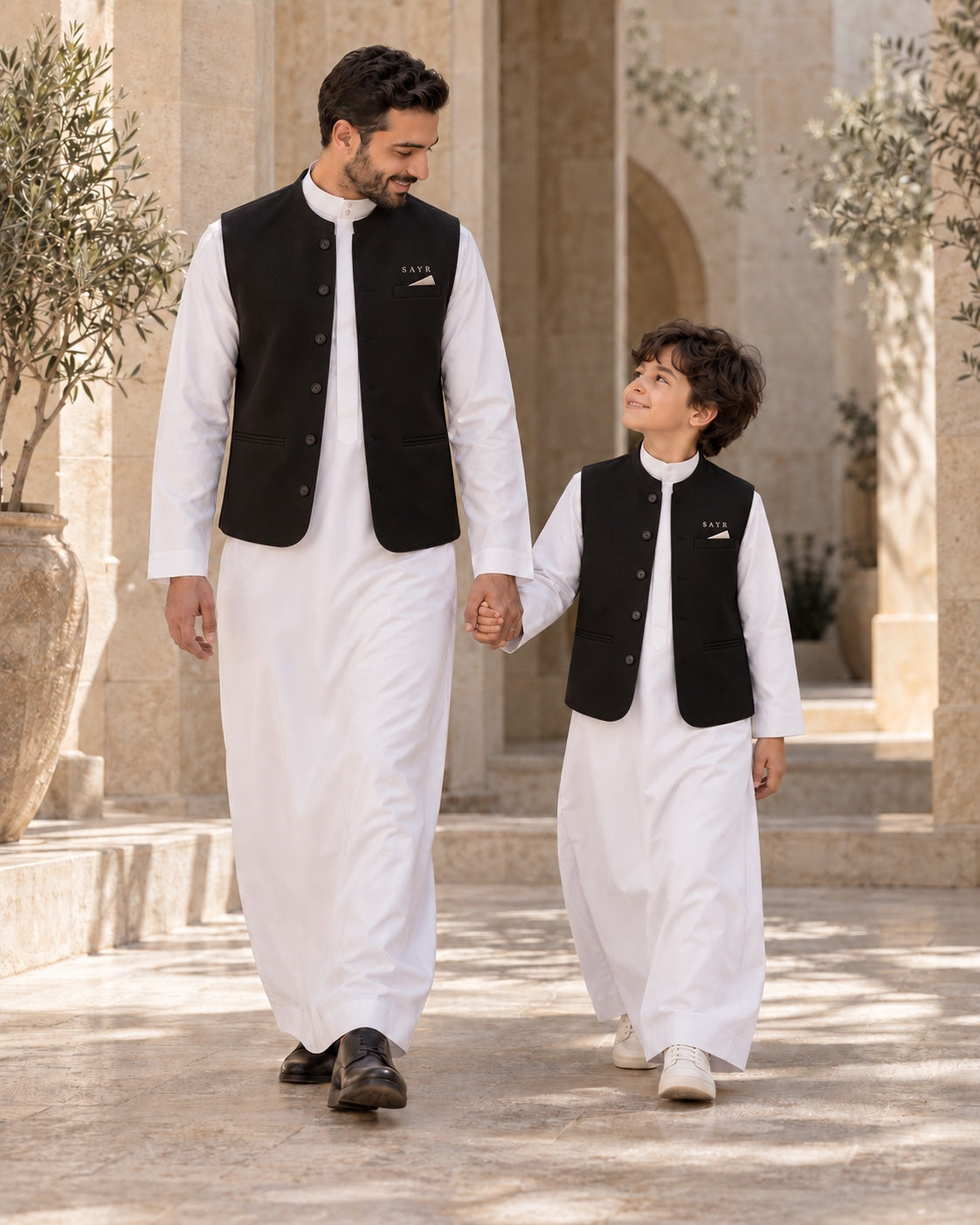Père et fils assortis en qamis blanc et gilet noir SAYR