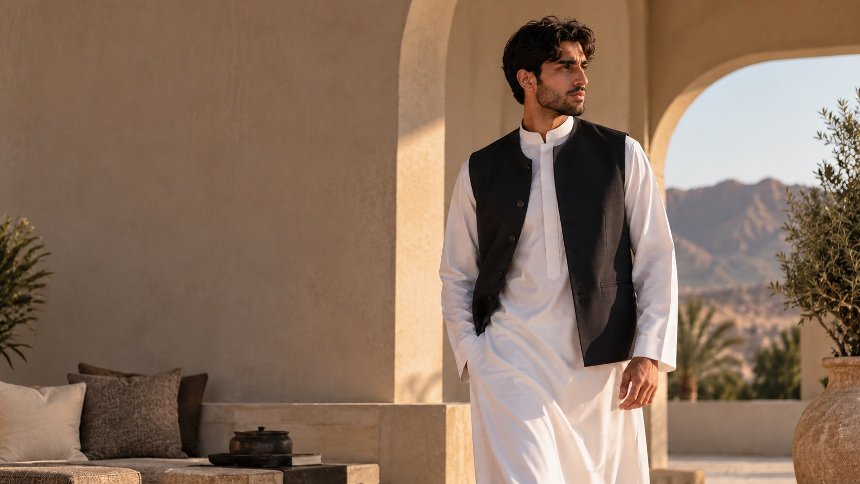 Homme portant un qamis blanc et un gilet noir SAYR dans une architecture méditerranéenne